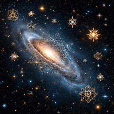 The primary subject of the image is a large, intricate, and colorful star pattern. The setting is a dark, star-filled sky, with the pattern filling the majority of the frame. The visual style is a combination of digital art and illustration, creating a vibrant and captivating scene. The colors and mood of the image are predominantly dark and mysterious, with the star pattern serving as the main focal point.